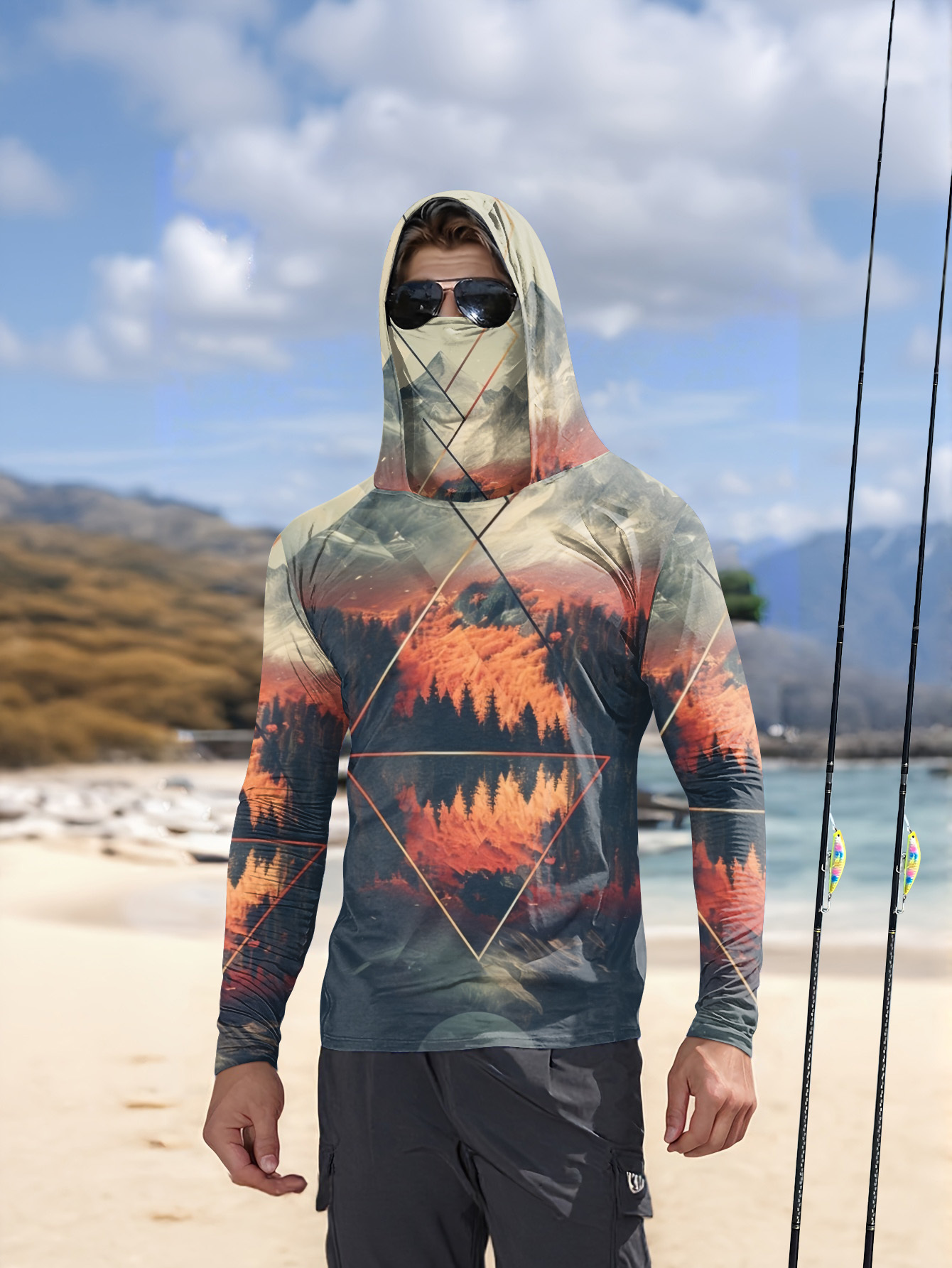 Fishing Mask Sun Protection - アウトドアメンズフィッシングフーディー、内蔵フェイスマスク、山の風景プリント、UPF 50、日焼け防止、速乾性、長袖フィッシングシャツ